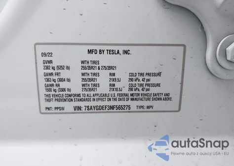 2022 Tesla Model Y Performance Dual Motor All-Wheel Drive z USA, uszkodzony, nr VIN 7SAYGDEF3NF565275